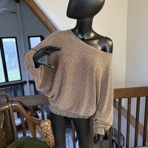 WMNs L Gold Metallic Knit Shimmering Off The Shoulder Boatneck Top Smocked Hem